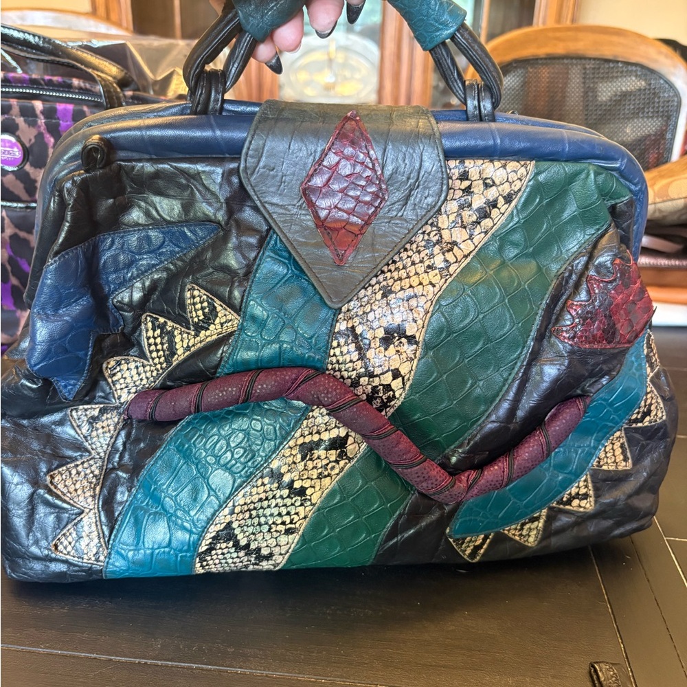 Vintage Samir: Patchwork Leather Satchel Bag in Black, Green, Teal & Burgundy